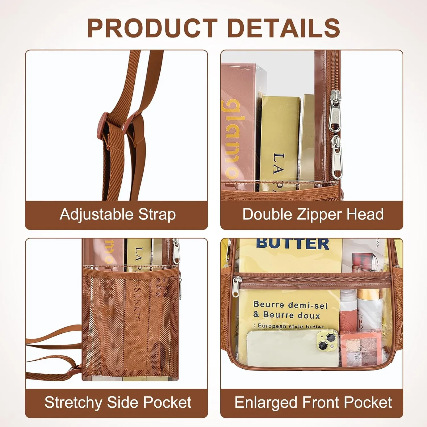 Clear Backpack Stadium Approved 12×12×6 Clear Mini Backpack Small Transparent Backpack for Concert, Beach, Work, Travel & Sporting（Coffee brown）