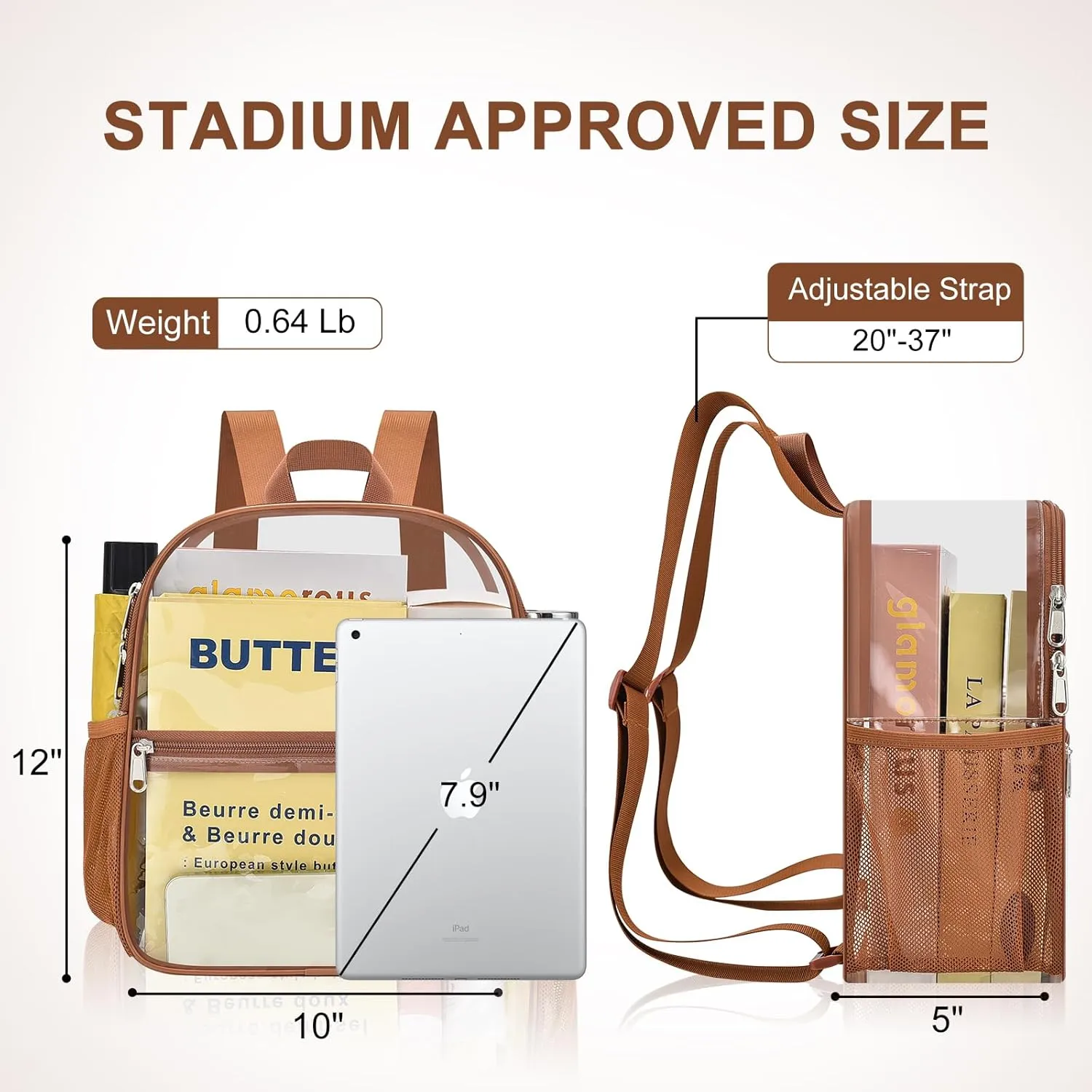 Clear Backpack Stadium Approved 12×12×6 Clear Mini Backpack Small Transparent Backpack for Concert, Beach, Work, Travel & Sporting（Coffee brown）