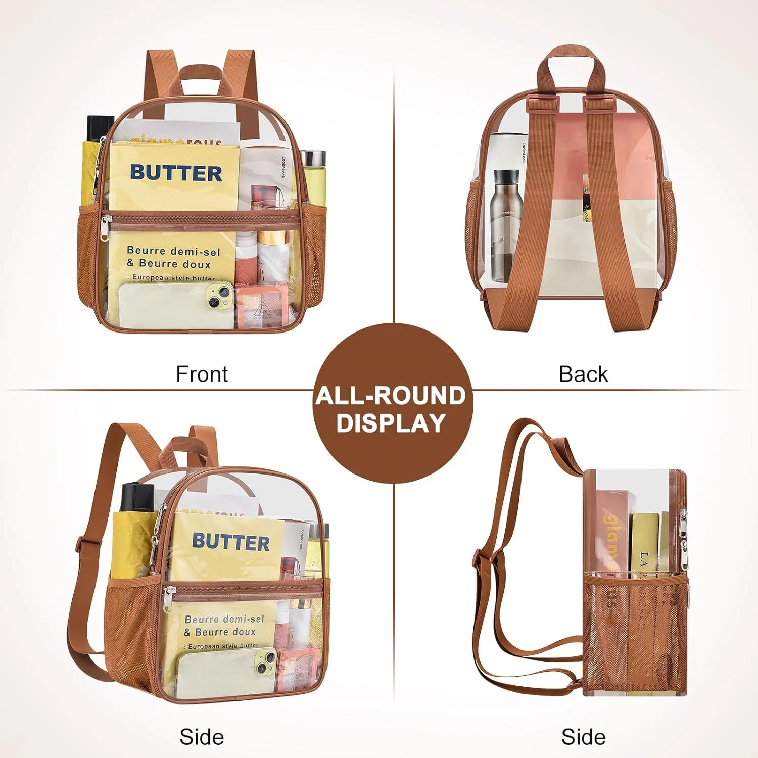 Clear Backpack Stadium Approved 12×12×6 Clear Mini Backpack Small Transparent Backpack for Concert, Beach, Work, Travel & Sporting（Coffee brown）