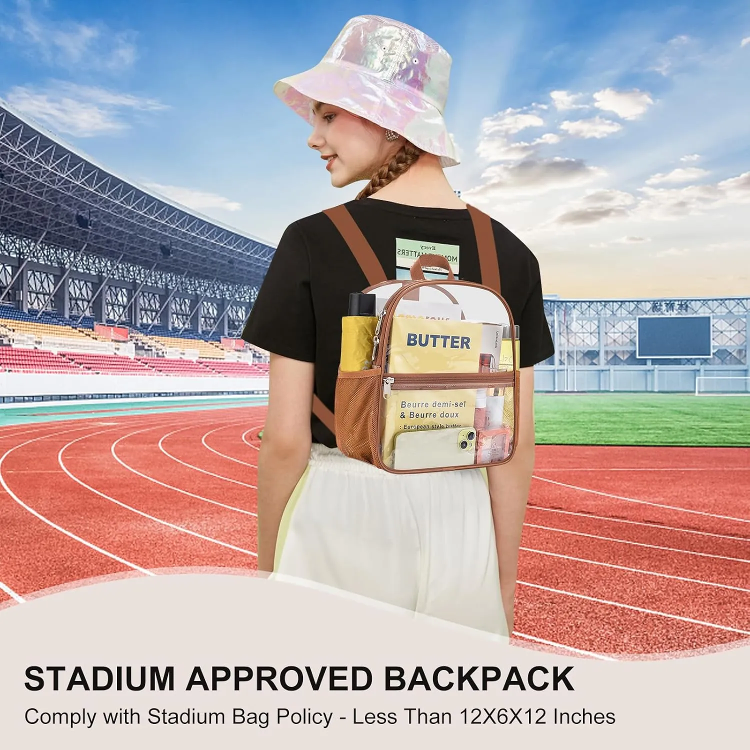 Clear Backpack Stadium Approved 12×12×6 Clear Mini Backpack Small Transparent Backpack for Concert, Beach, Work, Travel & Sporting（Coffee brown）