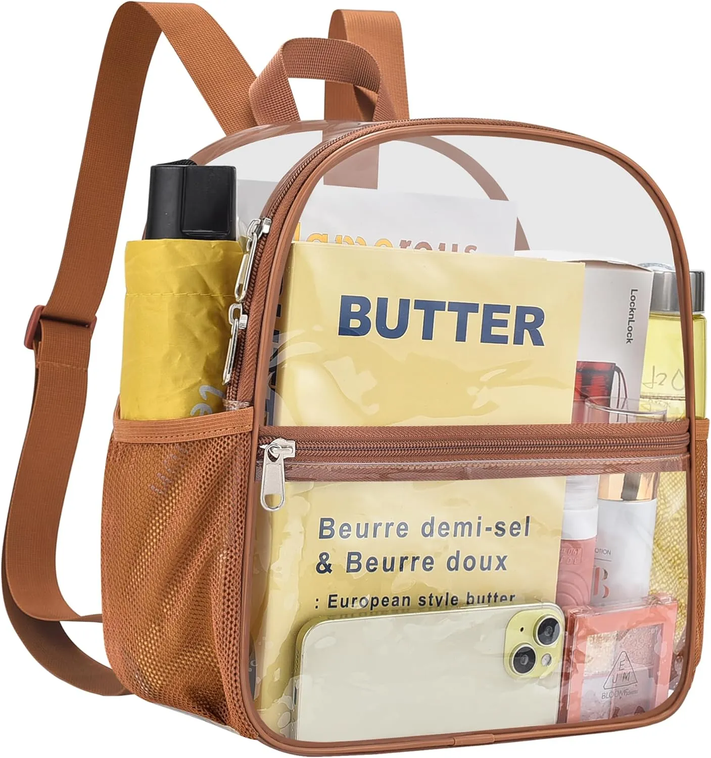 Clear Backpack Stadium Approved 12×12×6 Clear Mini Backpack Small Transparent Backpack for Concert, Beach, Work, Travel & Sporting（Coffee brown）
