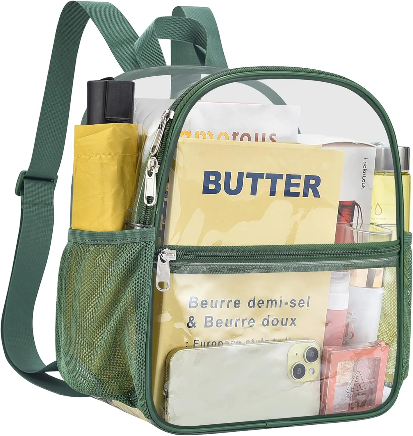 Clear Backpack Stadium Approved 12×12×6 Clear Mini Backpack Small Transparent Backpack for Concert, Beach, Work, Travel & Sporting（Forest green）