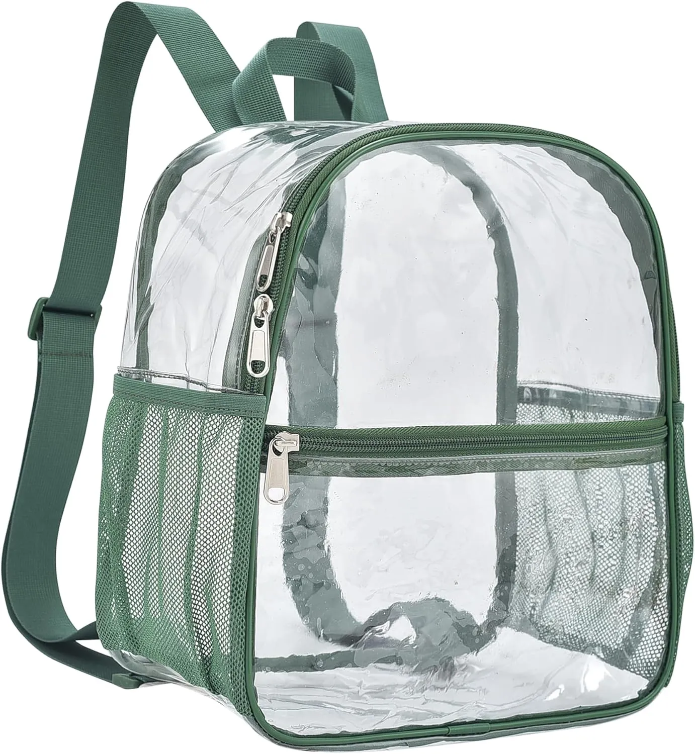 Clear Backpack Stadium Approved 12×12×6 Clear Mini Backpack Small Transparent Backpack for Concert, Beach, Work, Travel & Sporting（Forest green）