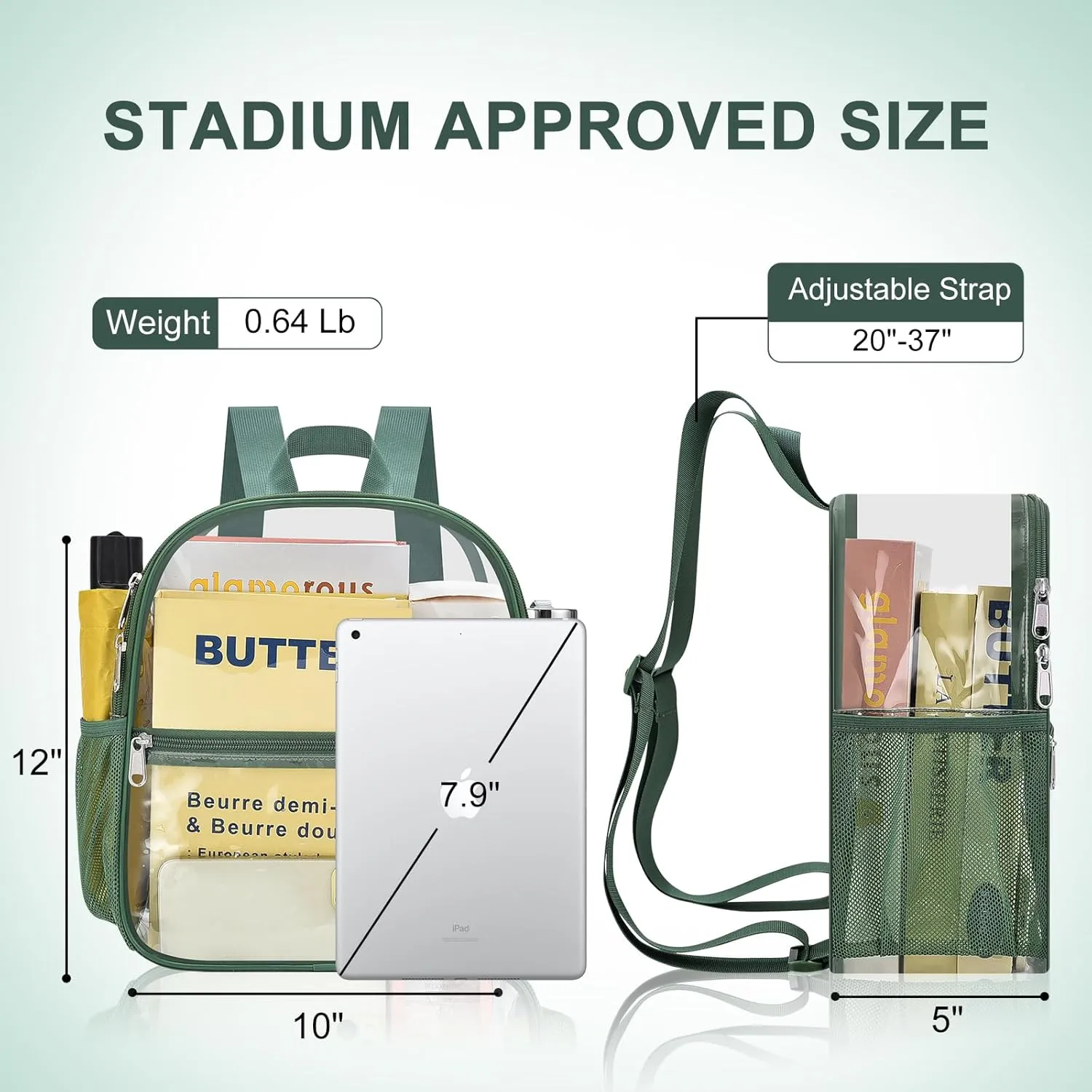 Clear Backpack Stadium Approved 12×12×6 Clear Mini Backpack Small Transparent Backpack for Concert, Beach, Work, Travel & Sporting（Forest green）