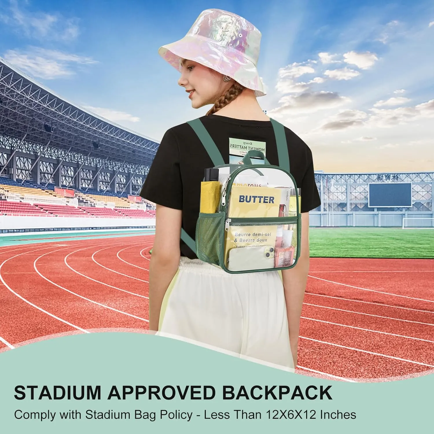 Clear Backpack Stadium Approved 12×12×6 Clear Mini Backpack Small Transparent Backpack for Concert, Beach, Work, Travel & Sporting（Forest green）