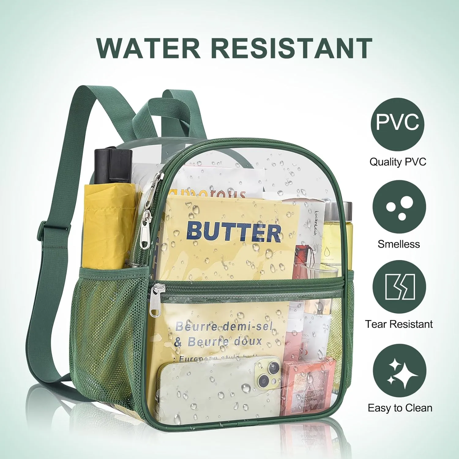 Clear Backpack Stadium Approved 12×12×6 Clear Mini Backpack Small Transparent Backpack for Concert, Beach, Work, Travel & Sporting（Forest green）