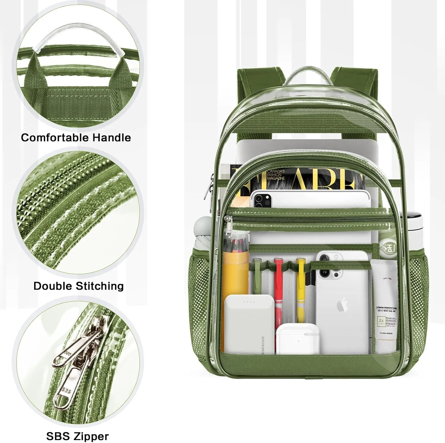 Clear Backpack,17" Large Heavy Duty Transparent Backpack with Multi-pockets See Through Bag for College, Travel, Workplace Security - Green