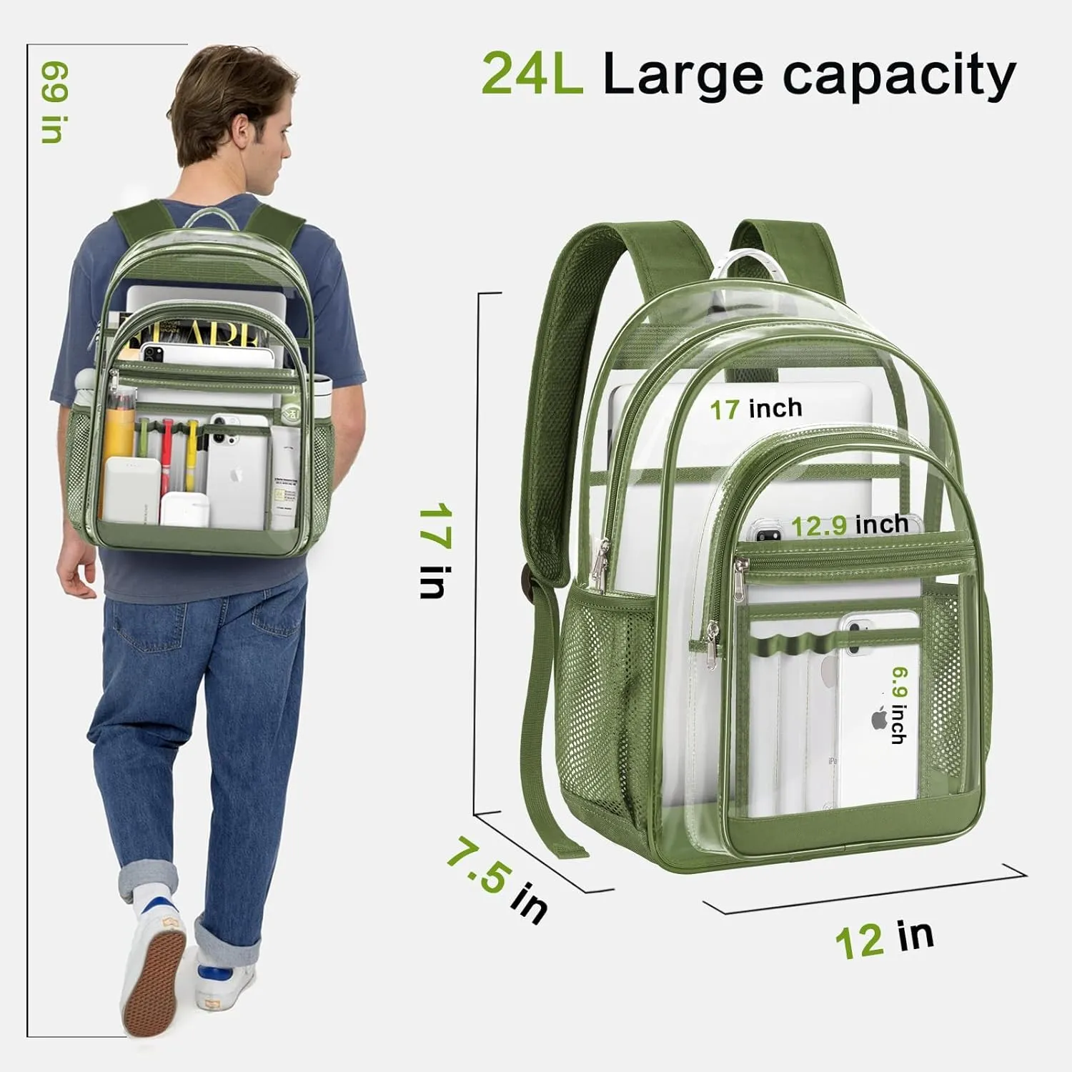 Clear Backpack,17" Large Heavy Duty Transparent Backpack with Multi-pockets See Through Bag for College, Travel, Workplace Security - Green