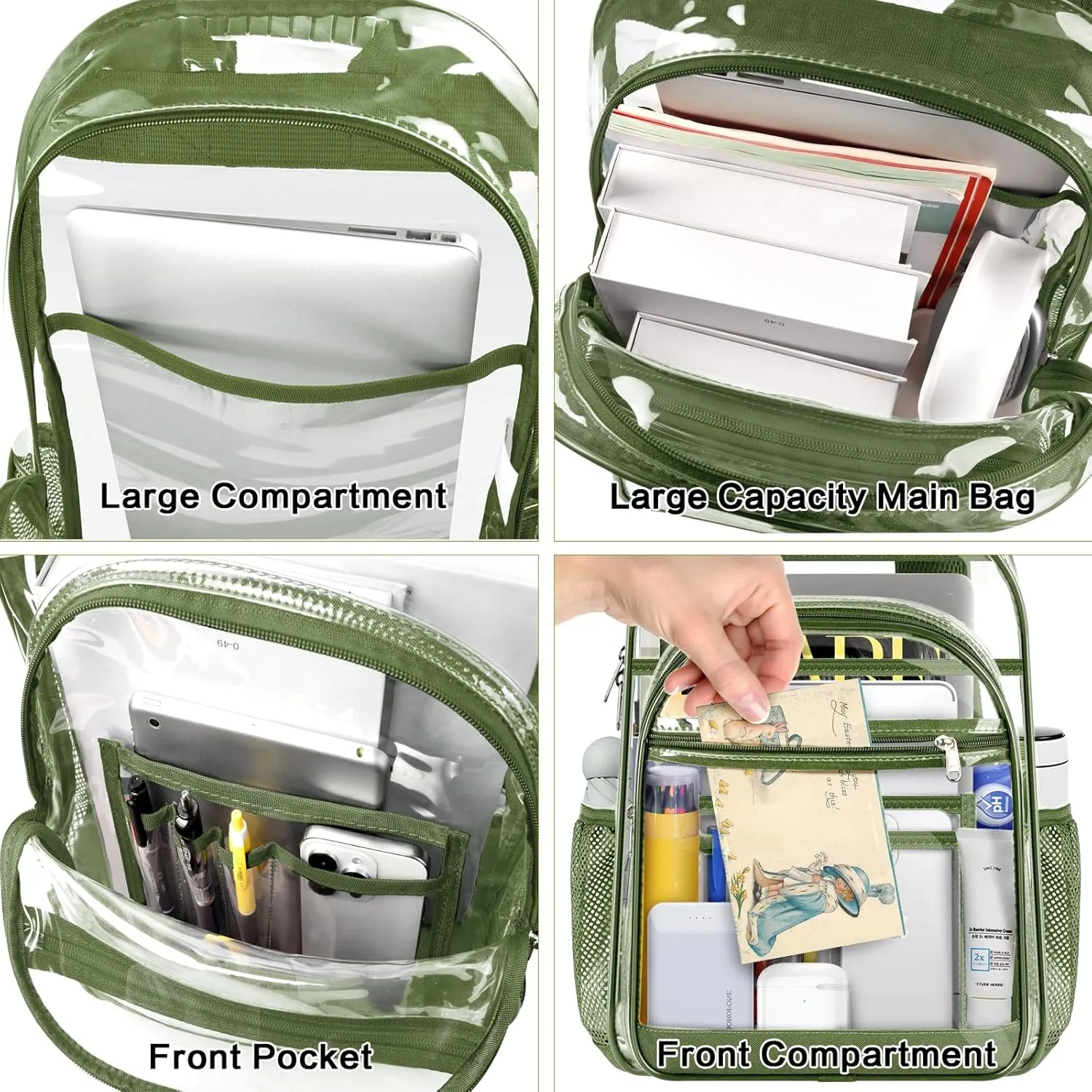 Clear Backpack,17" Large Heavy Duty Transparent Backpack with Multi-pockets See Through Bag for College, Travel, Workplace Security - Green