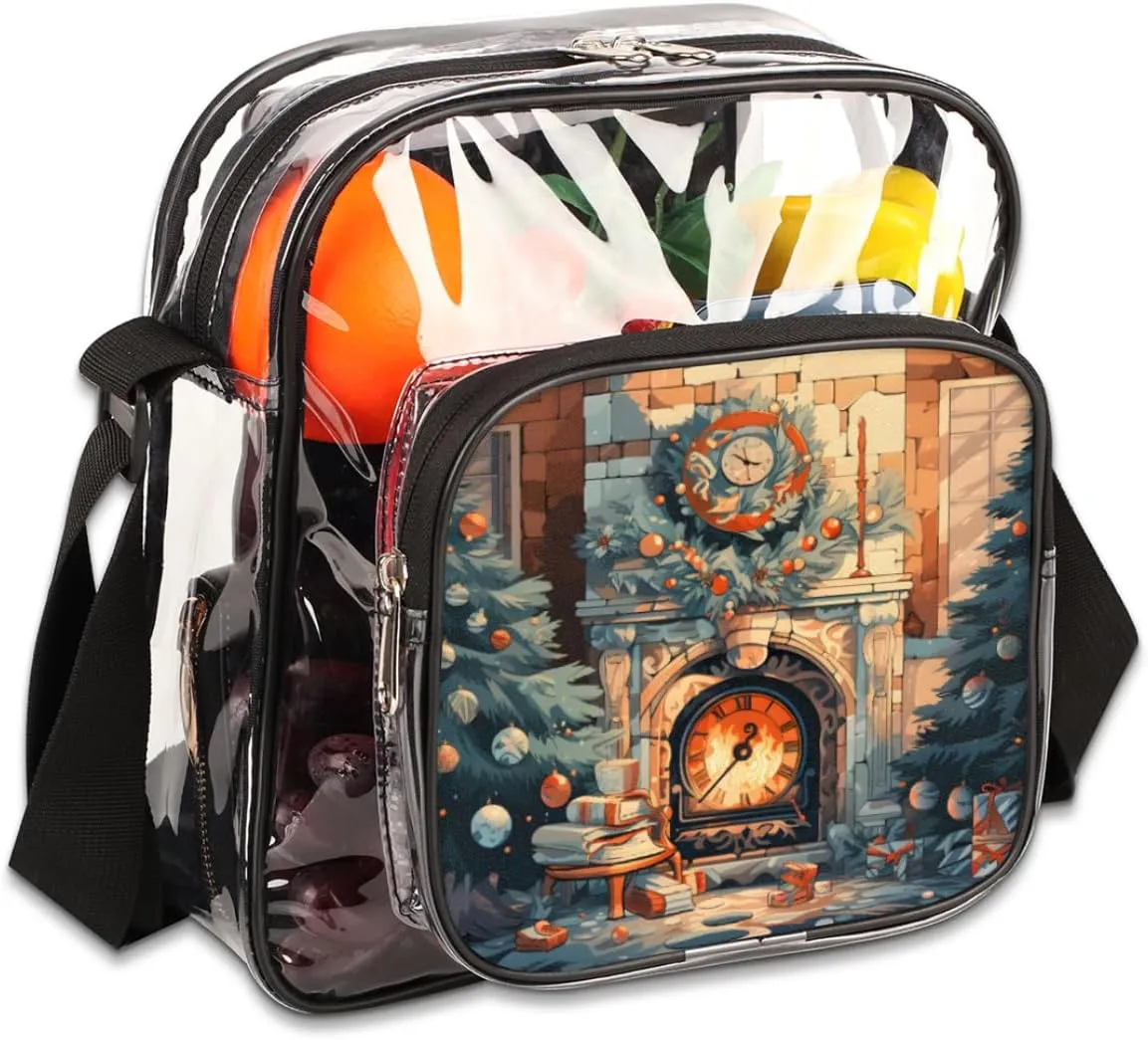 Clear Crossbody Bag for Women Men Stadium Approved Transparent Bag for Festivals,Sports Events,Concerts,Beach Bag Clear Purse with Front Pocket Messenger Bag with Adjustable Strap,Christmas Fireplace