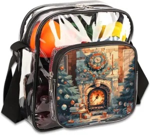 Clear Crossbody Bag for Women Men Stadium Approved Transparent Bag for Festivals,Sports Events,Concerts,Beach Bag Clear Purse with Front Pocket Messenger Bag with Adjustable Strap,Christmas Fireplace