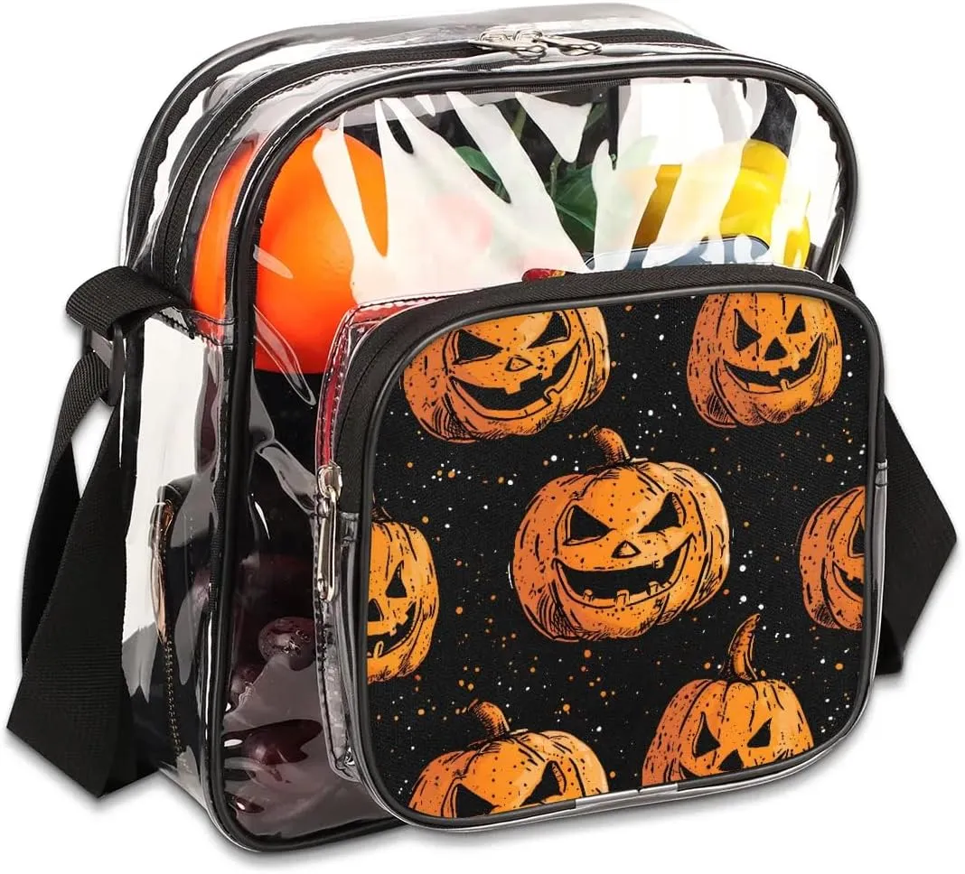 Clear Crossbody Bag for Women Men Stadium Approved Transparent Bag for Festivals,Sports Events,Concerts,Beach Bag Clear Purse with Front Pocket Messenger Bag,Carved Face Halloween Pumpkin
