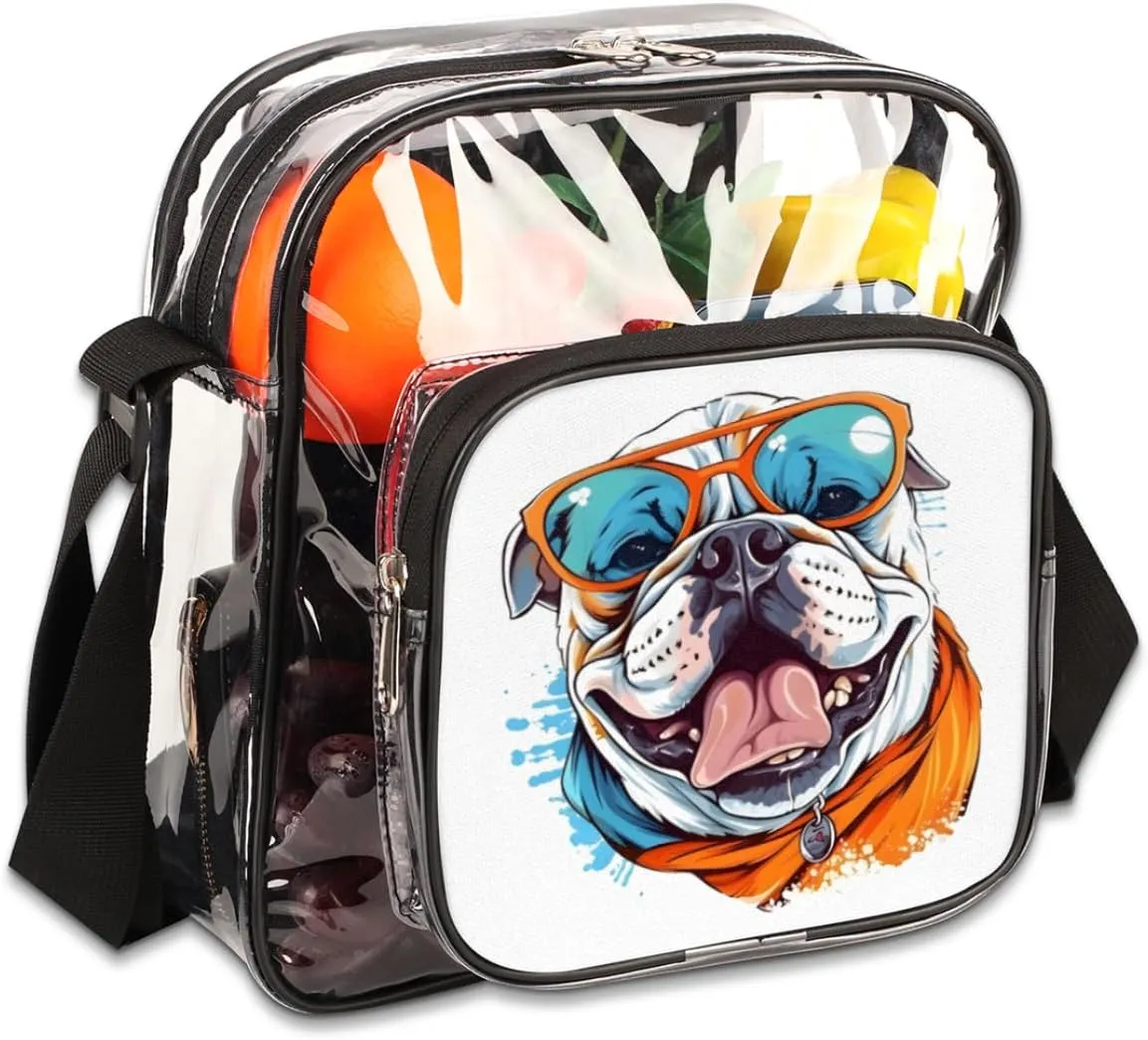 Clear Crossbody Bag Stadium Approved Cool Glass Dog Transparent Bag for Festivals, Sports Events, Concerts,Beach Bag for Women Men Bulldog Clear Purse with Front Pocket Messenger Bag