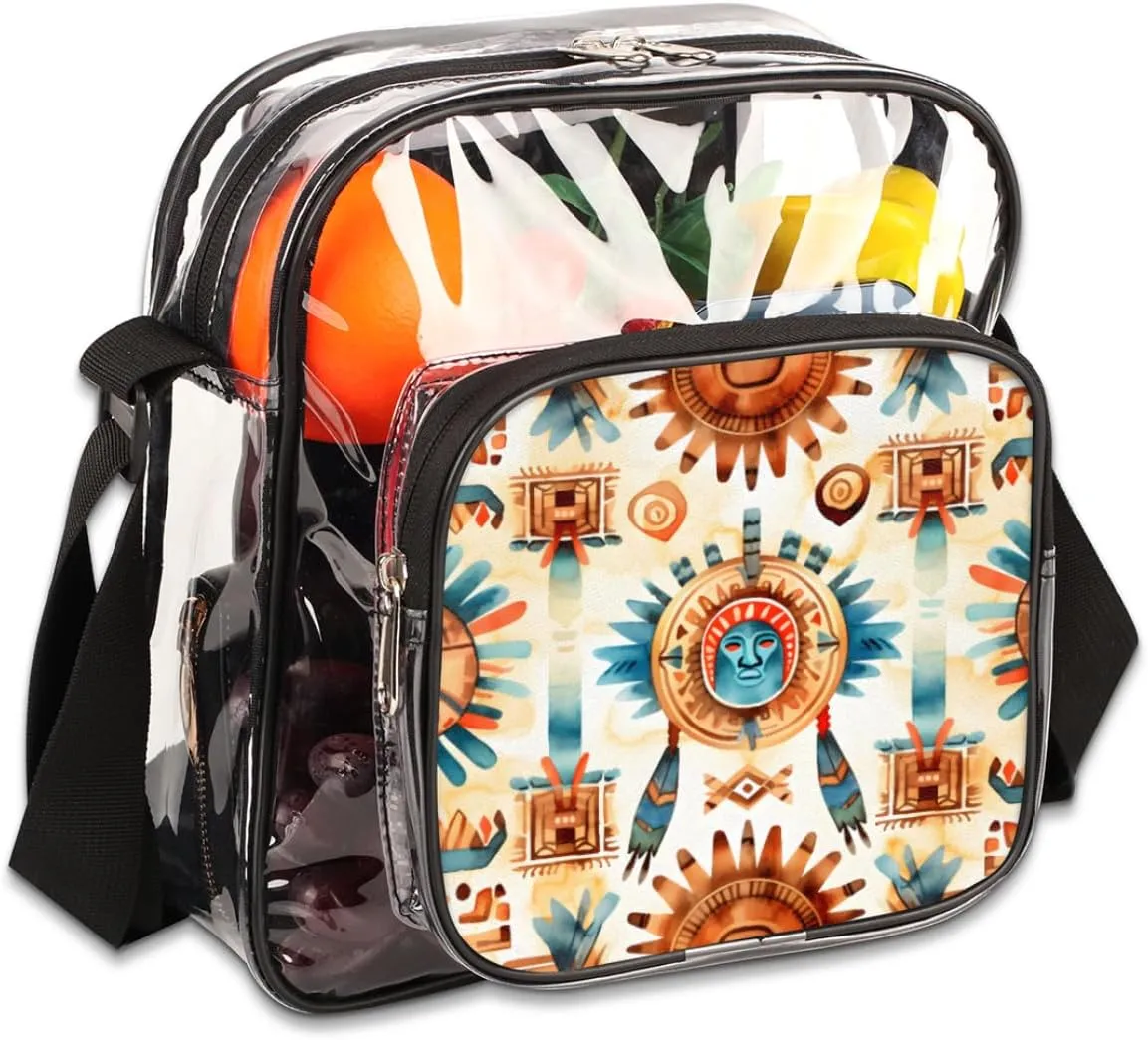 Clear Crossbody Bag Stadium Approved Indian Traditional Transparent Bag for Festivals, Sports Events, Concerts,Beach Bag for Women Men Ethnic Ornament Clear Purse with Front Pocket Messenger Bag