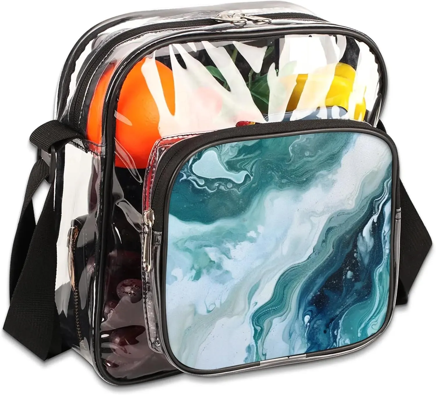 Clear Crossbody Bag Stadium Approved Marble Alcohol Ink Transparent Bag for Festivals, Sports Events, Concerts,Beach Bag for Women Men Green Clear Purse with Front Pocket Messenger Bag