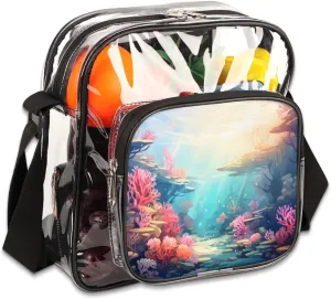 Clear Crossbody Bag Stadium Approved Marine Corals Transparent Bag for Festivals, Sports Events, Concerts,Beach Bag for Women Men Underwater World Seaweed Clear Purse with Front Pocket Messenger Bag