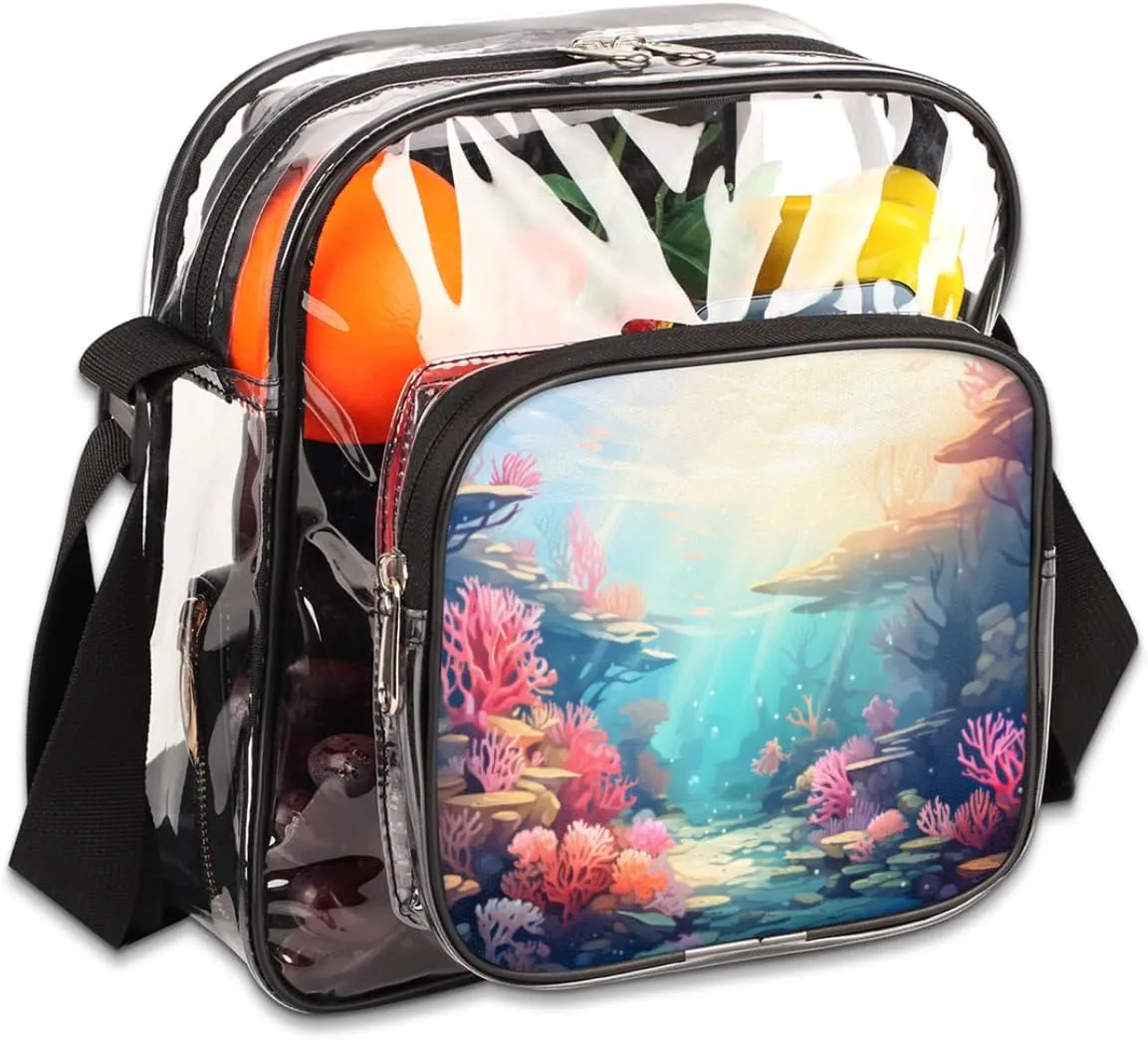 Clear Crossbody Bag Stadium Approved Marine Corals Transparent Bag for Festivals, Sports Events, Concerts,Beach Bag for Women Men Underwater World Seaweed Clear Purse with Front Pocket Messenger Bag