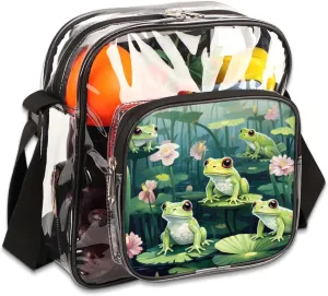 Clear Crossbody Bag Stadium Approved Pond Green Frogs Transparent Bag for Festivals, Sports Events, Concerts,Beach Bag for Women Men Lotus Clear Purse with Front Pocket Messenger Bag