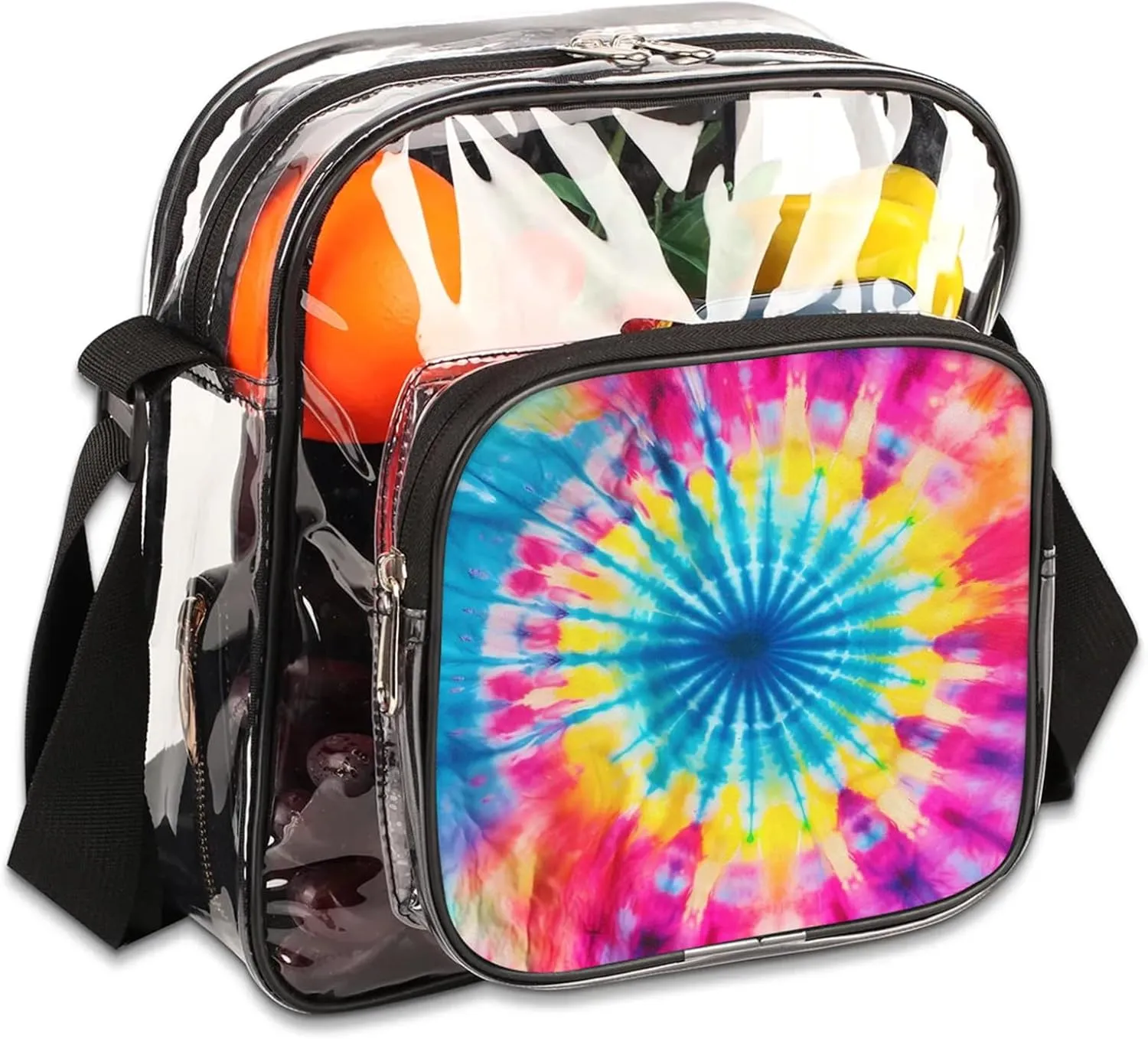 Clear Crossbody Bag Stadium Approved Rainbow Swirl Transparent Bag for Festivals, Sports Events, Concerts,Beach Bag for Women Men Abstract Tie Dye Clear Purse with Front Pocket Messenger Bag