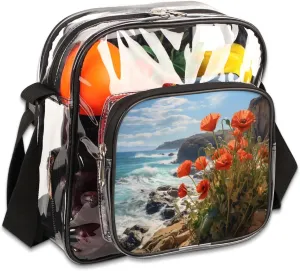 Clear Crossbody Bag Stadium Approved Red Flowers Transparent Bag for Festivals, Sports Events, Concerts,Beach Bag for Women Men Atlantic Coast Clear Purse with Front Pocket Messenger Bag
