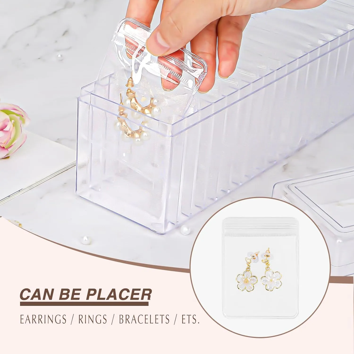 Clear Jewelry Box Organizer Clear Acrylic With Lid Travel Jewelry Case With Jewelry bags, for Earrings Rings Necklaces Organizer Box (Jewelry Box Set, With 40pcs Jewelry Bags)