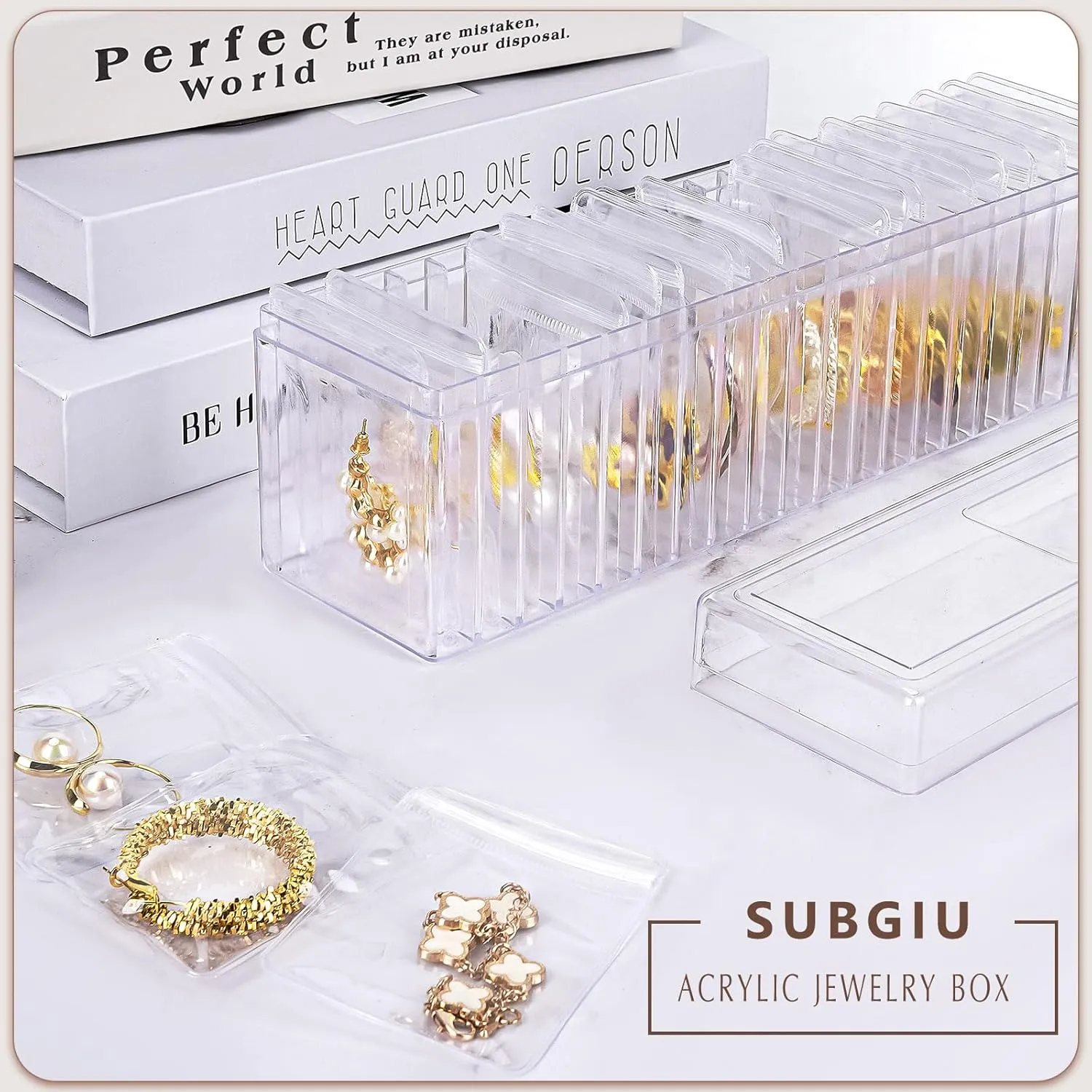 Clear Jewelry Box Organizer Clear Acrylic With Lid Travel Jewelry Case With Jewelry bags, for Earrings Rings Necklaces Organizer Box (Jewelry Box Set, With 40pcs Jewelry Bags)