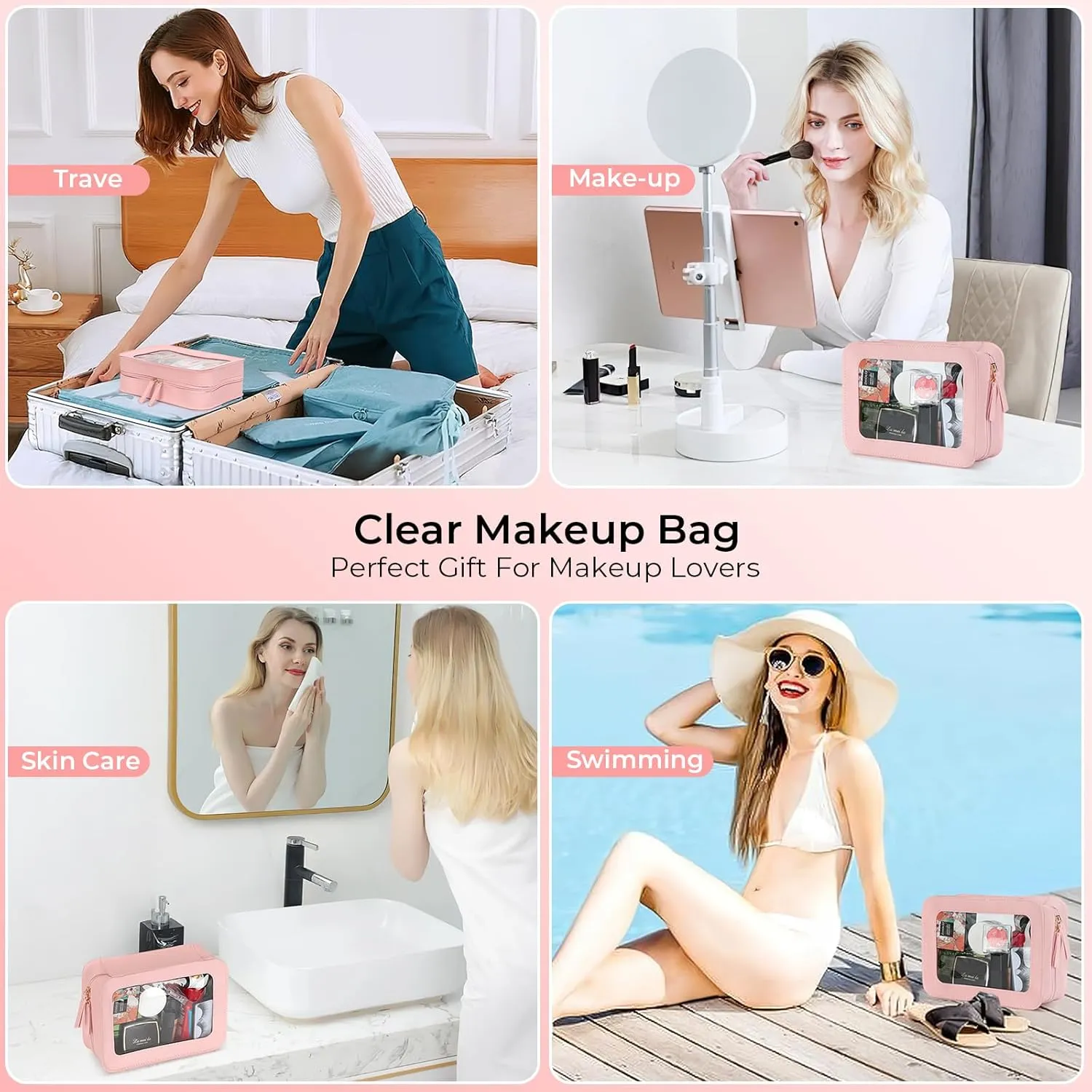 Clear Makeup Bags, TSA Approved Travel Toiletry Pouch with Zipper, Organizer Cosmetic Case for Travel Purse Car Transparent,Square Pouches for Women Men