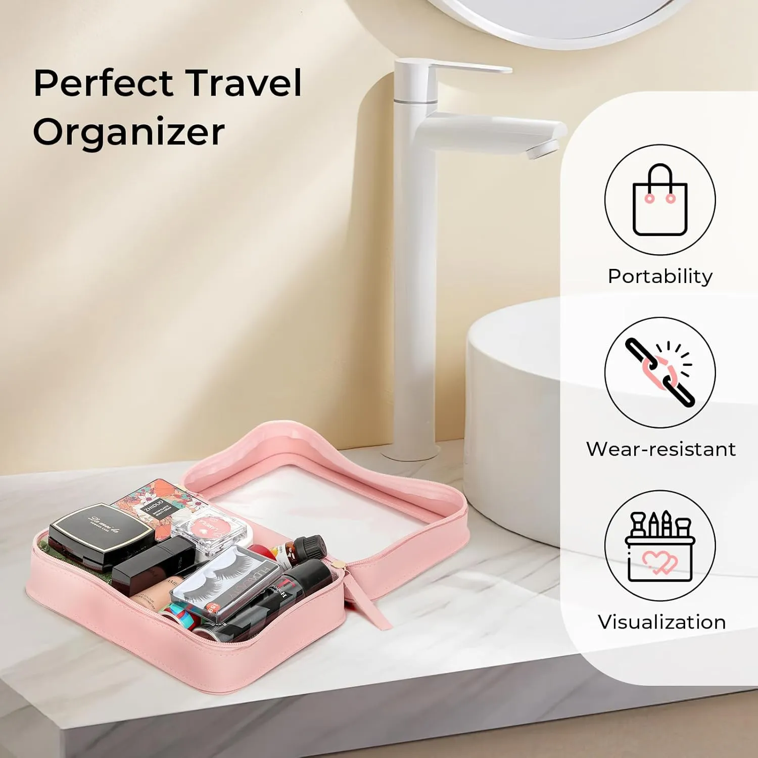 Clear Makeup Bags, TSA Approved Travel Toiletry Pouch with Zipper, Organizer Cosmetic Case for Travel Purse Car Transparent,Square Pouches for Women Men