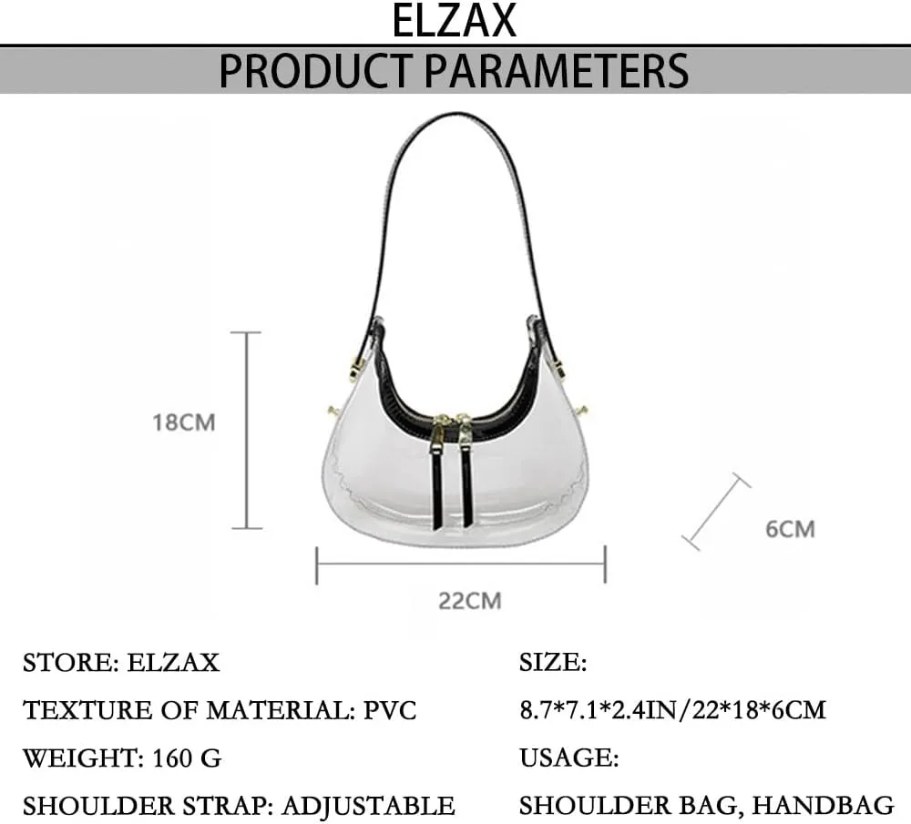 Clear PVC Hobo Bag for Stadium Events Transparent Jelly Crescent Shoulder Bag Clear Tote Handbag Stadium Approved