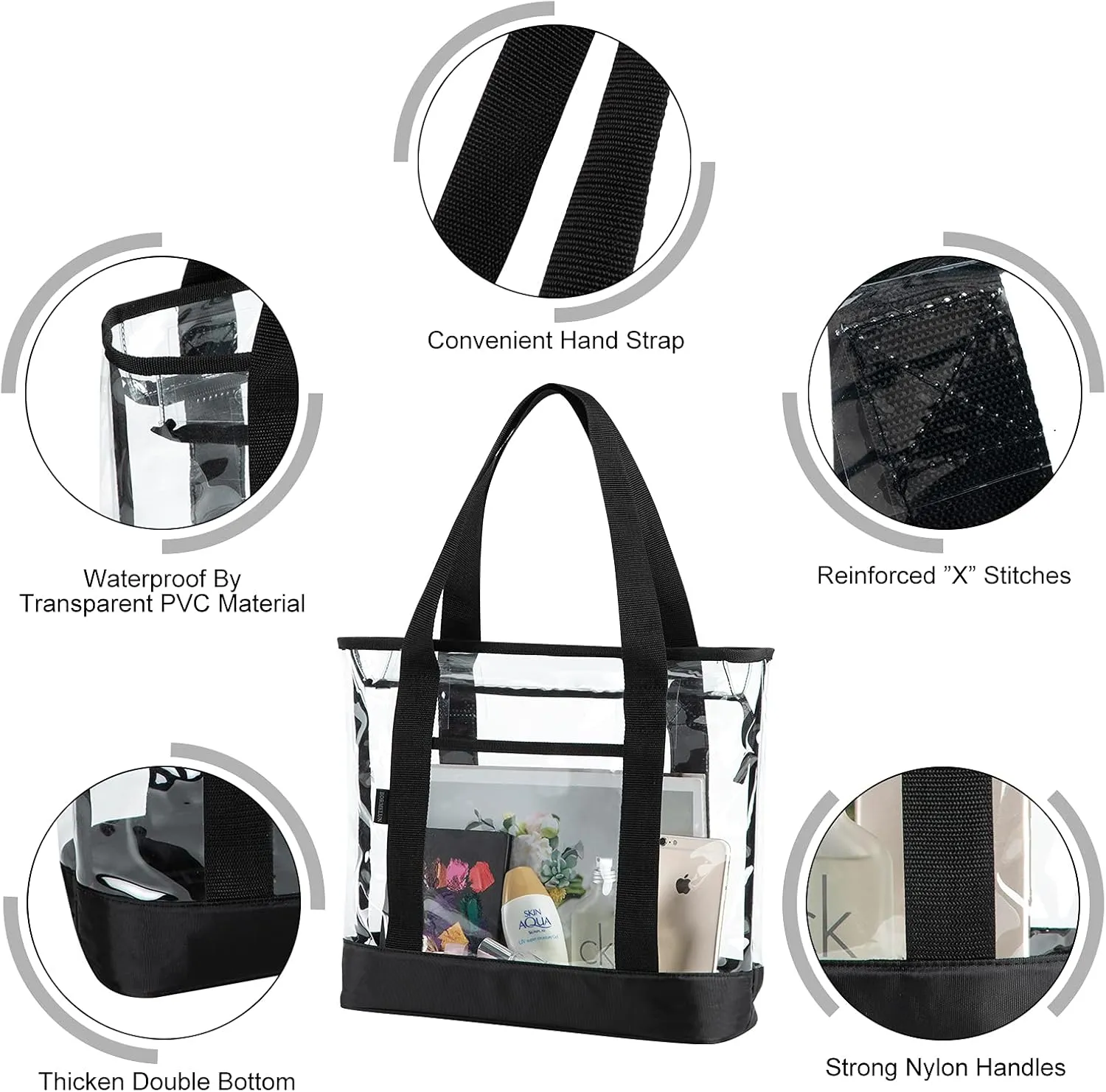 clear tote bag,Purse handle with zipper for work plastic transparent see through women