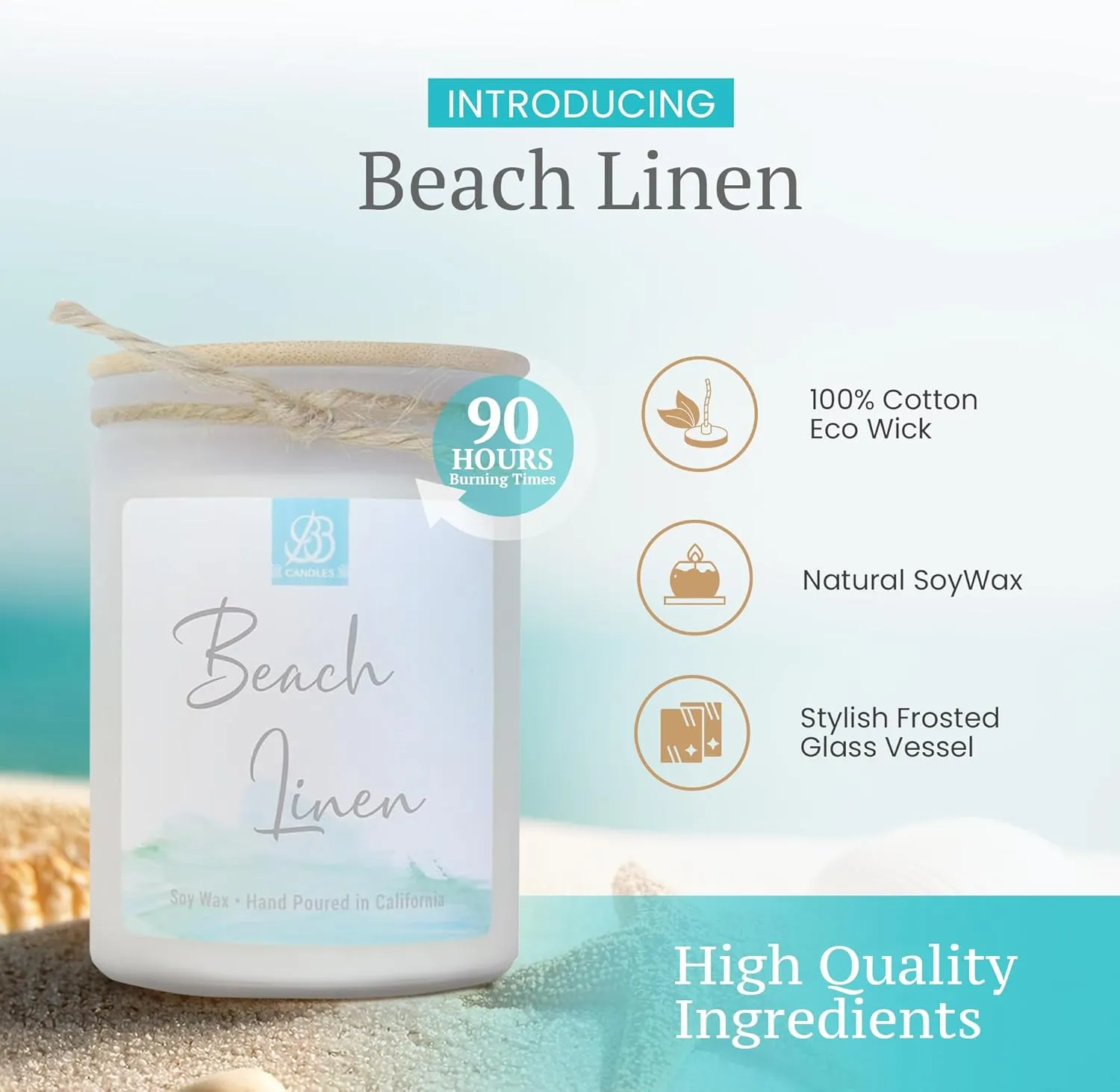 Coastal Essential Artisan Candle, Natural Soy Hand Poured, Glass, Scented (Beach Linen Scent, 90  Hour Burn Time, 12oz)