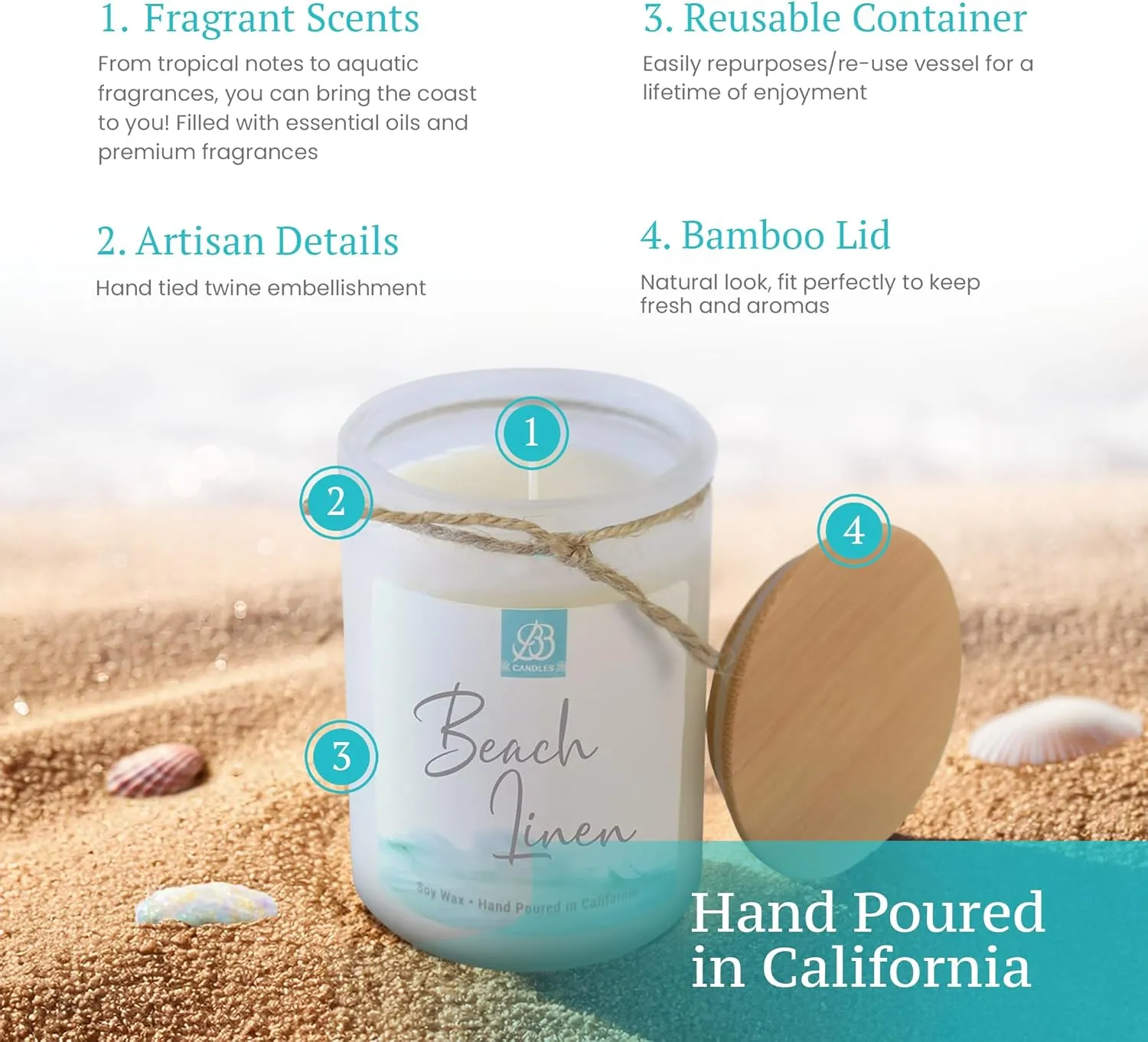 Coastal Essential Artisan Candle, Natural Soy Hand Poured, Glass, Scented (Beach Linen Scent, 90  Hour Burn Time, 12oz)