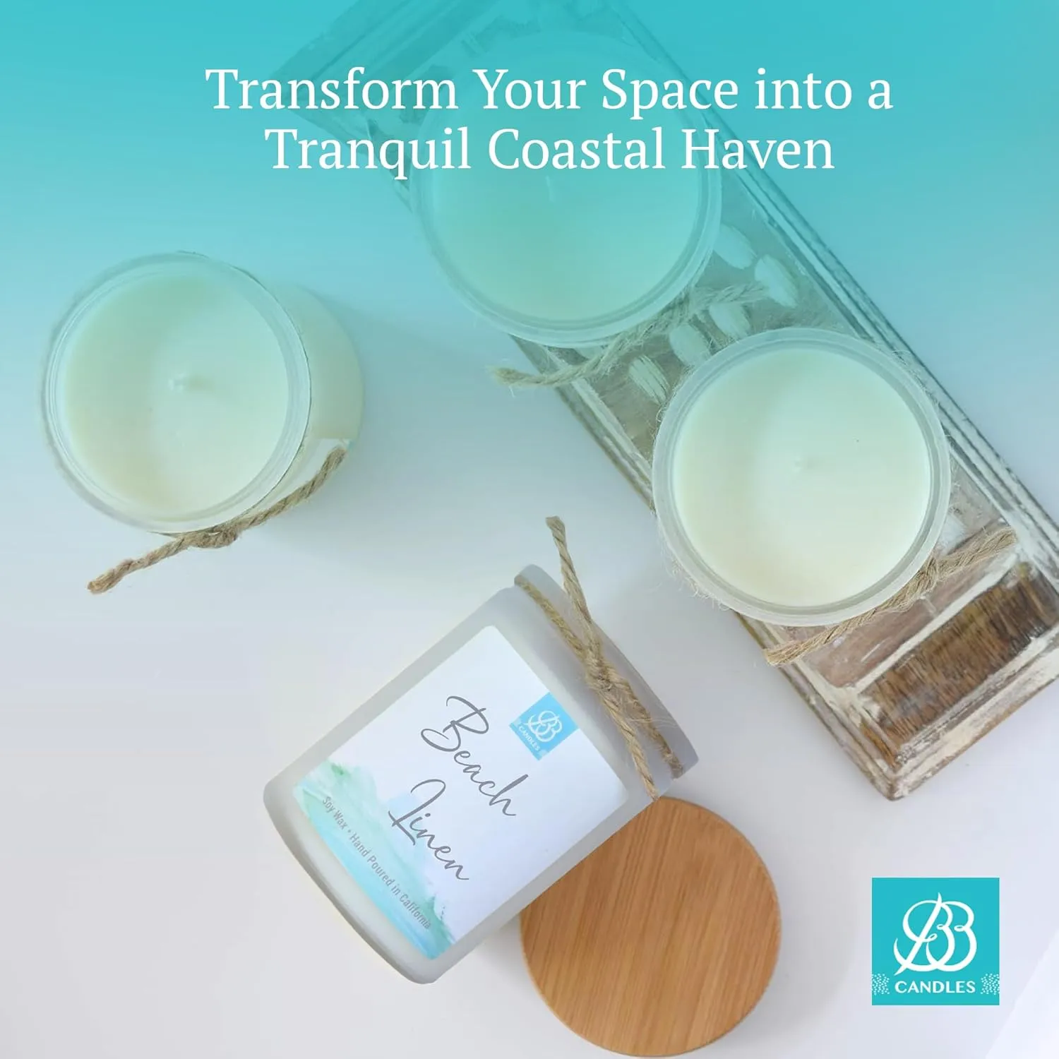 Coastal Essential Artisan Candle, Natural Soy Hand Poured, Glass, Scented (Beach Linen Scent, 90  Hour Burn Time, 12oz)