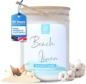 Coastal Essential Artisan Candle, Natural Soy Hand Poured, Glass, Scented (Beach Linen Scent, 90  Hour Burn Time, 12oz)