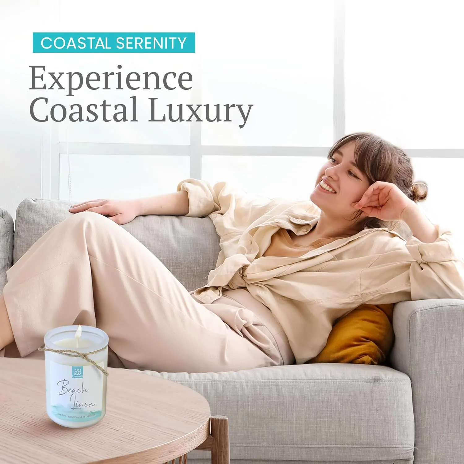 Coastal Essential Artisan Candle, Natural Soy Hand Poured, Glass, Scented (Beach Linen Scent, 90  Hour Burn Time, 12oz)