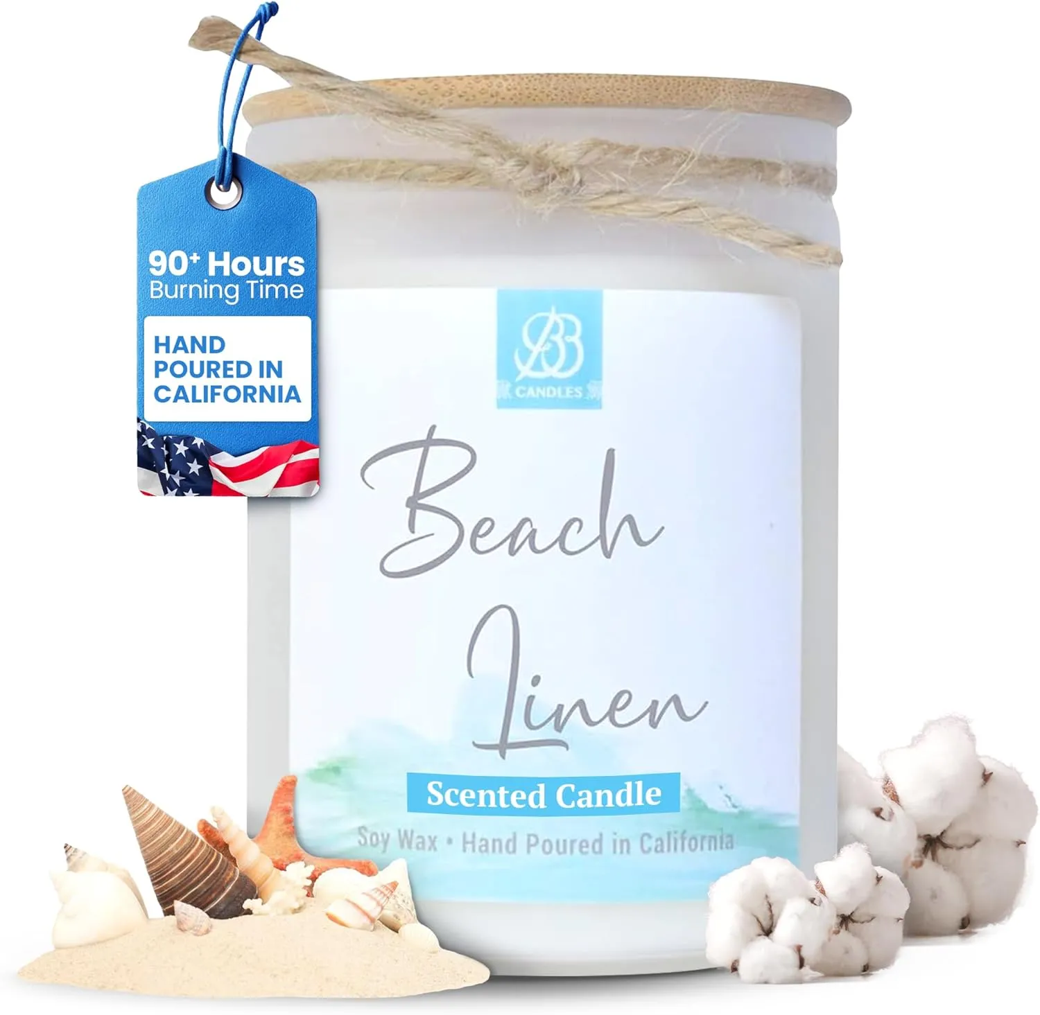 Coastal Essential Artisan Candle, Natural Soy Hand Poured, Glass, Scented (Beach Linen Scent, 90  Hour Burn Time, 12oz)