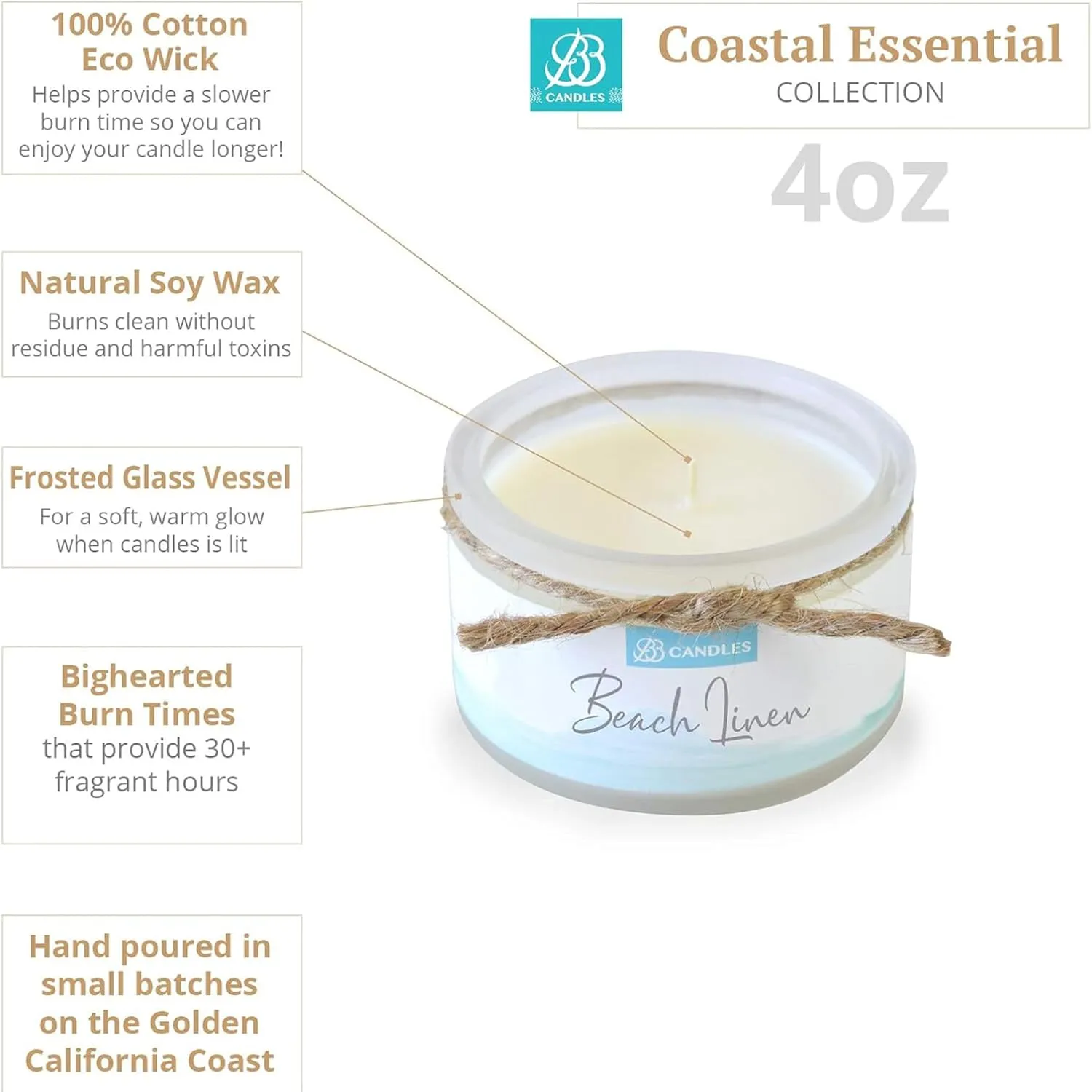 Coastal Essentials Natural Soy Hand Poured Candle, Beach Linen Scent, 4oz, 30  Hours Burn Time