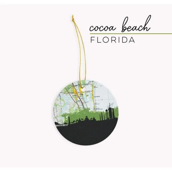 Cocoa Beach, Florida city skyline with vintage Florida map