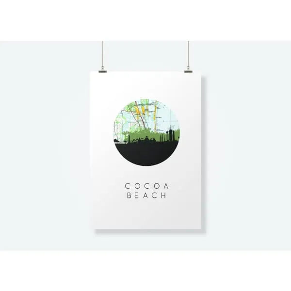 Cocoa Beach, Florida city skyline with vintage Florida map