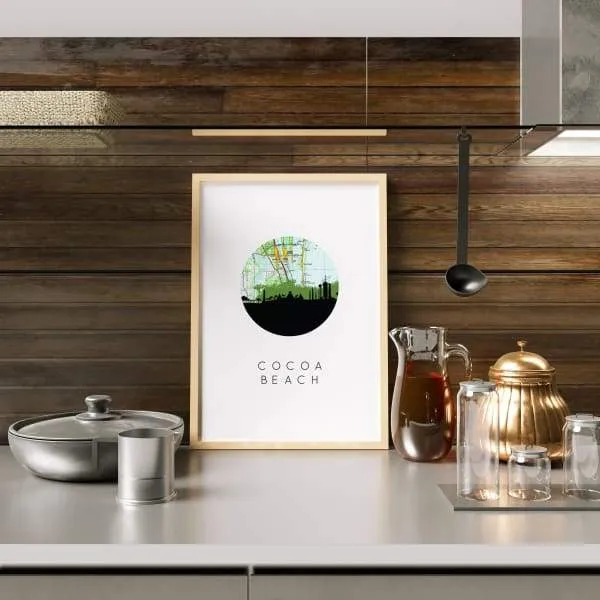 Cocoa Beach, Florida city skyline with vintage Florida map