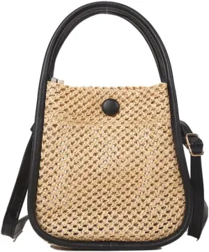Coconut Girl Aesthetic Rattan Mini Tote Cottagecore Wicker Purse Raffia Shoulder Bag Beach Handbag Indie Clutch Bag (Black,Small)