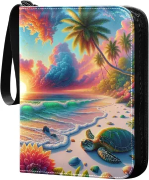 Colorful Sunset Beach Card Binder 4-Pockets, 400 Pockets Card Holder with 50 Removable Sleeves, Trading Card Collector Zipper Album Holder, Collector Album