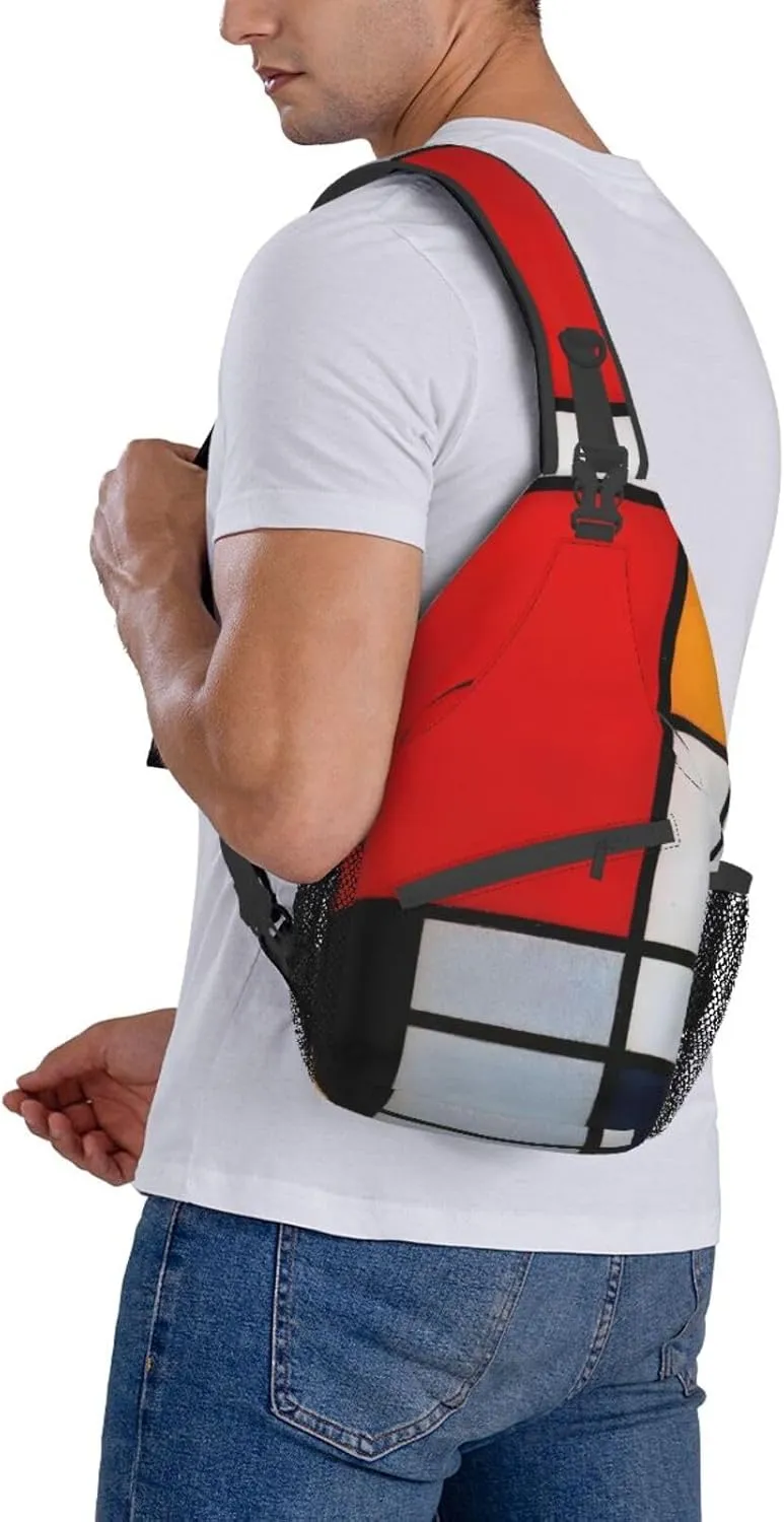 Composition In Red Yellow Blue And Black Unisex Casual Diagonal Chest Bag,Multipurpose Crossbody Shoulder Bag Travel Hiking Daypack