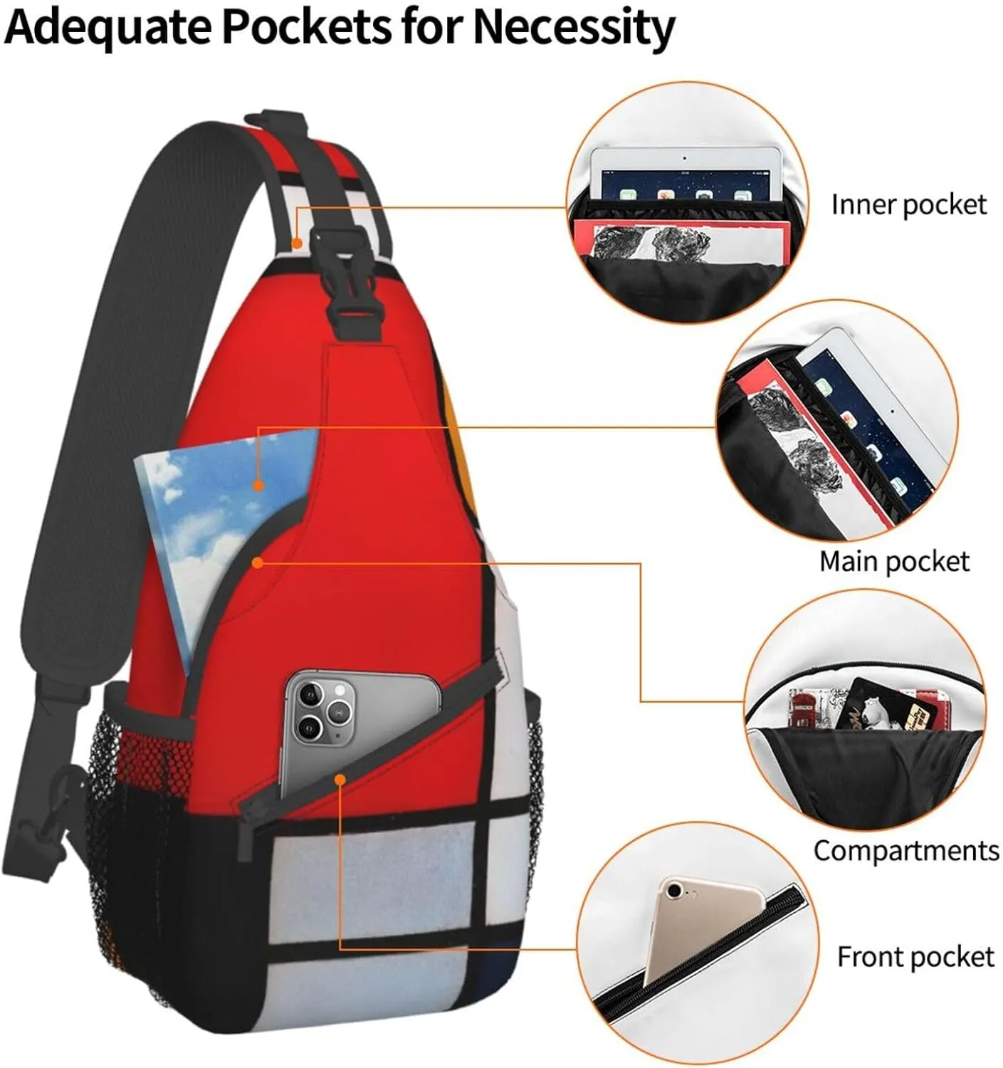 Composition In Red Yellow Blue And Black Unisex Casual Diagonal Chest Bag,Multipurpose Crossbody Shoulder Bag Travel Hiking Daypack