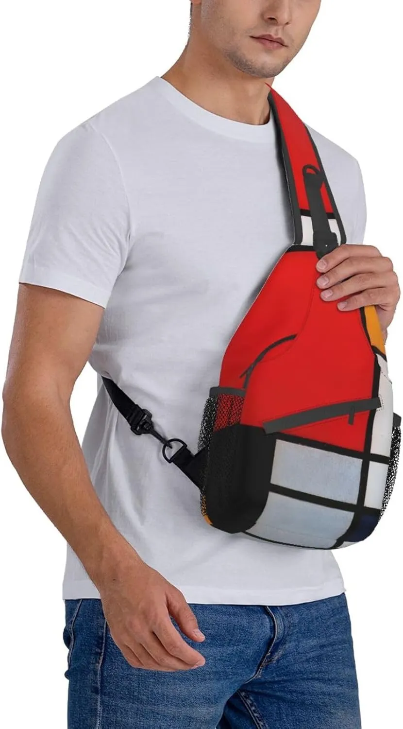 Composition In Red Yellow Blue And Black Unisex Casual Diagonal Chest Bag,Multipurpose Crossbody Shoulder Bag Travel Hiking Daypack