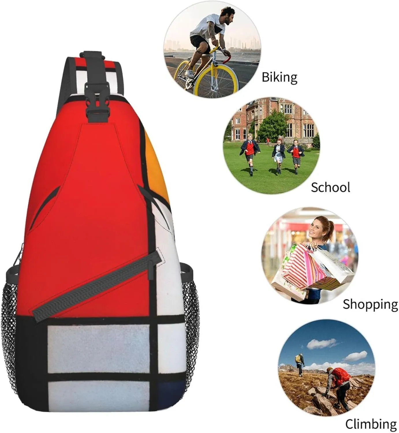 Composition In Red Yellow Blue And Black Unisex Casual Diagonal Chest Bag,Multipurpose Crossbody Shoulder Bag Travel Hiking Daypack