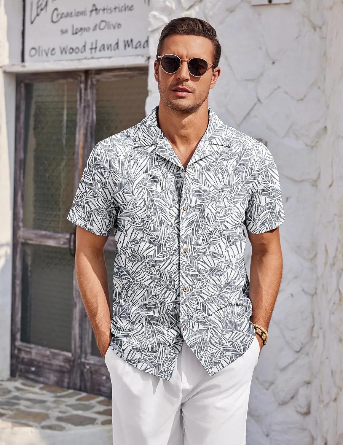 COOFANDY Mens Casual Cotton Linen Shirt Short Sleeve Button Up Shirts Summer Beach Top