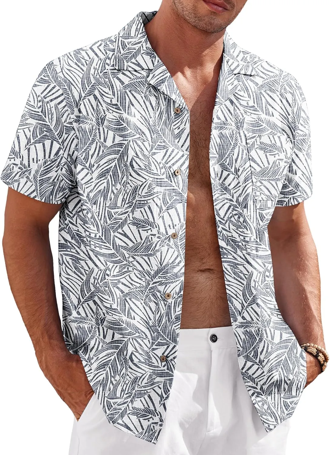 COOFANDY Mens Casual Cotton Linen Shirt Short Sleeve Button Up Shirts Summer Beach Top