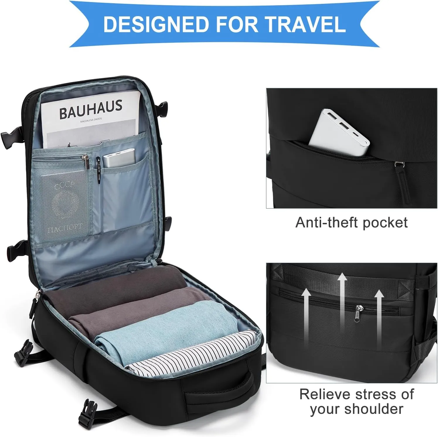 coowoz Large Travel Backpack For Women Men,Carry On Backpack,Hiking Backpack Waterproof Outdoor Sports Rucksack Casual Daypack Travel Essentials（Black Minimalist）