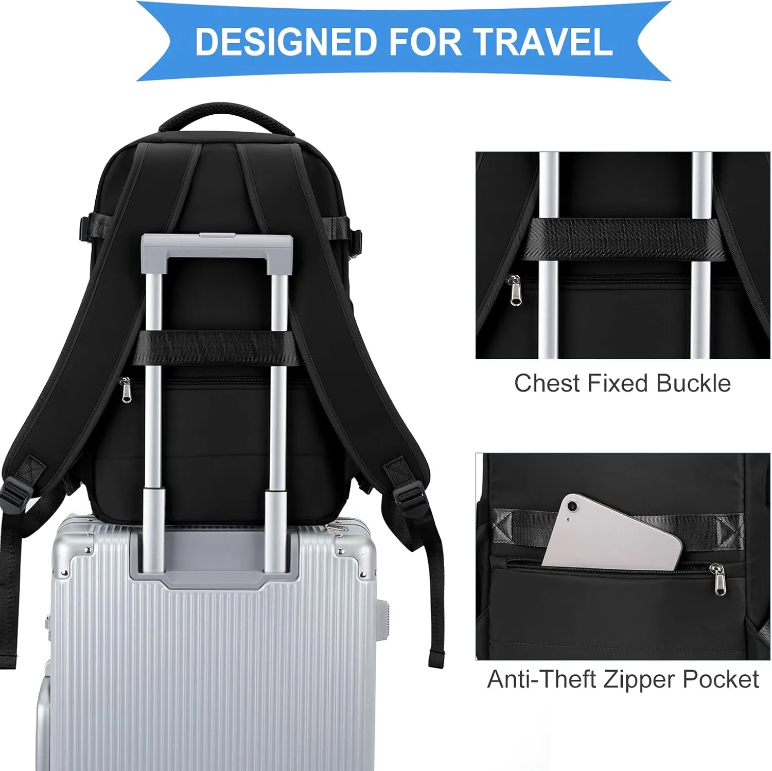 coowoz Large Travel Backpack For Women Men,Carry On Backpack,Hiking Backpack Waterproof Outdoor Sports Rucksack Casual Daypack Travel Essentials（Black Minimalist）